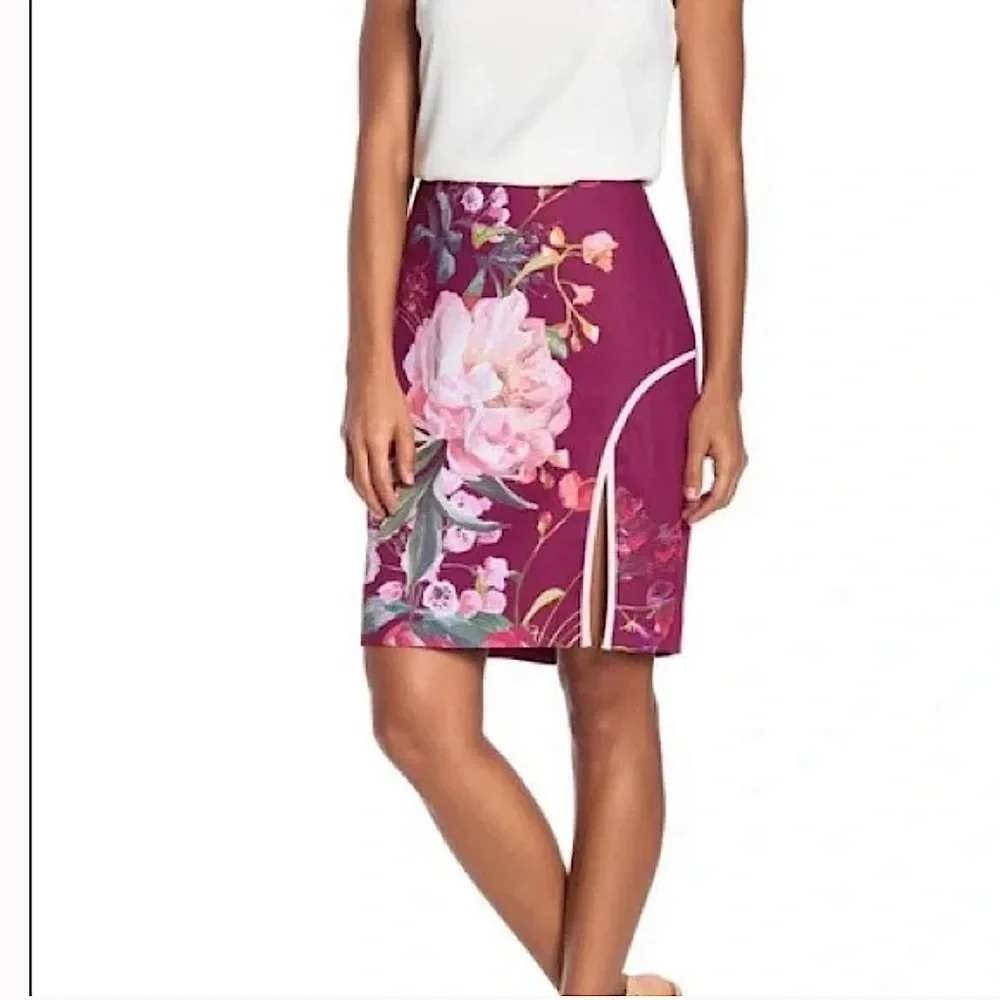 Ted Baker Kalena Serenity Burgundy Floral Peony Pencil Skirt Side Slit 4 US 10
